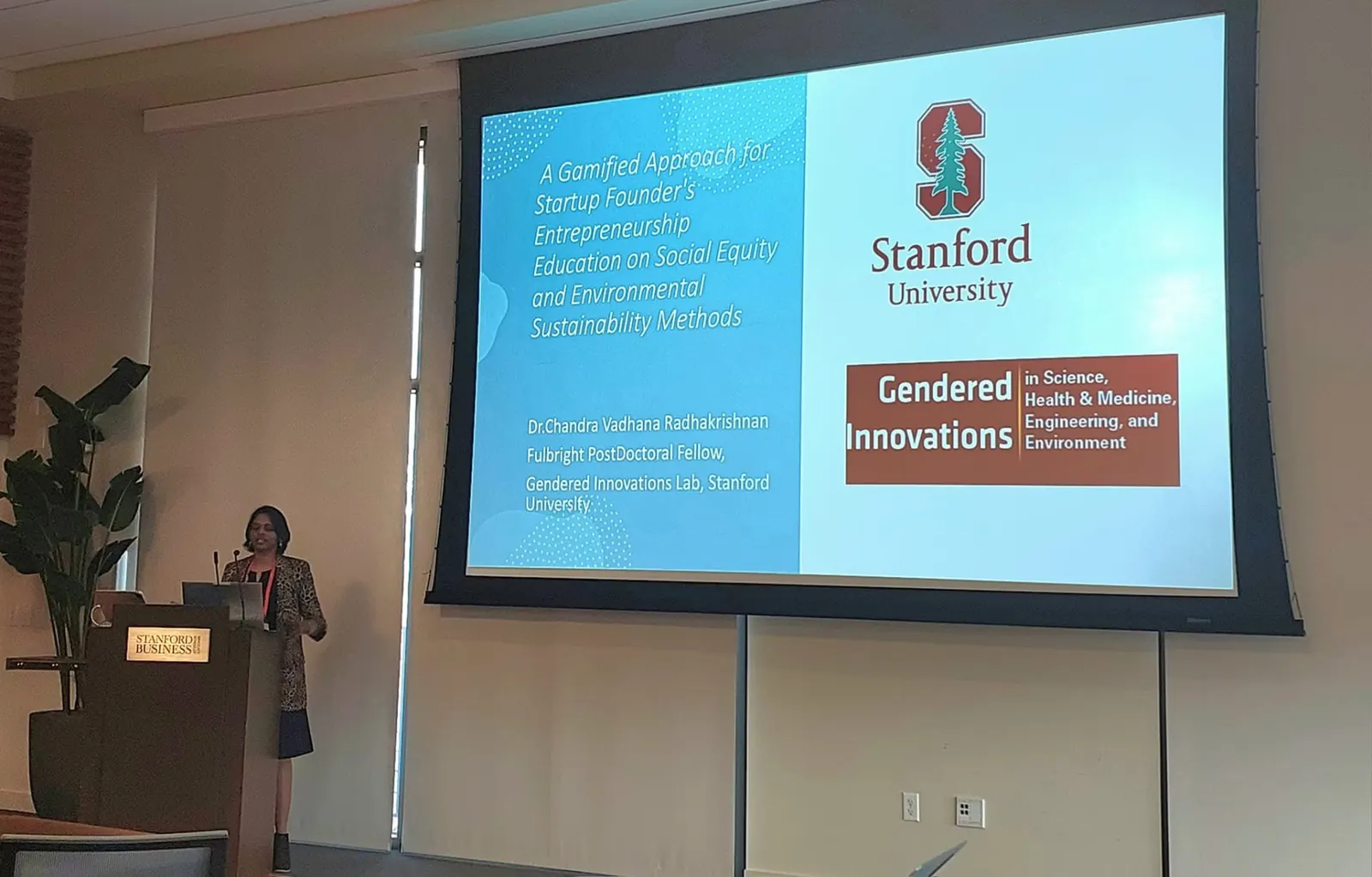 Dr. CeeVee presenting her Gendered Innovations research at Stanford Business